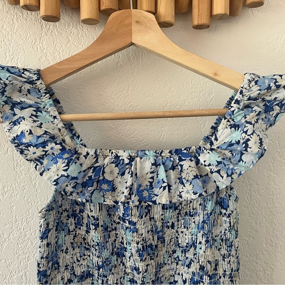 GAP Ruffle Neck Midi Dress Blue Floral Smocked Small Shirred Ruffle - Picture 3 of 14